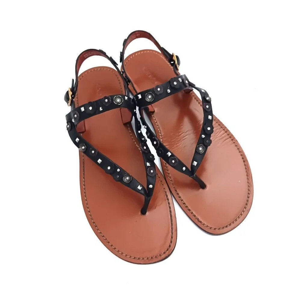 Coach Tea Rose Blk Leather Thong Sandals w Ankle Strap Floral Stud Trim US 10M